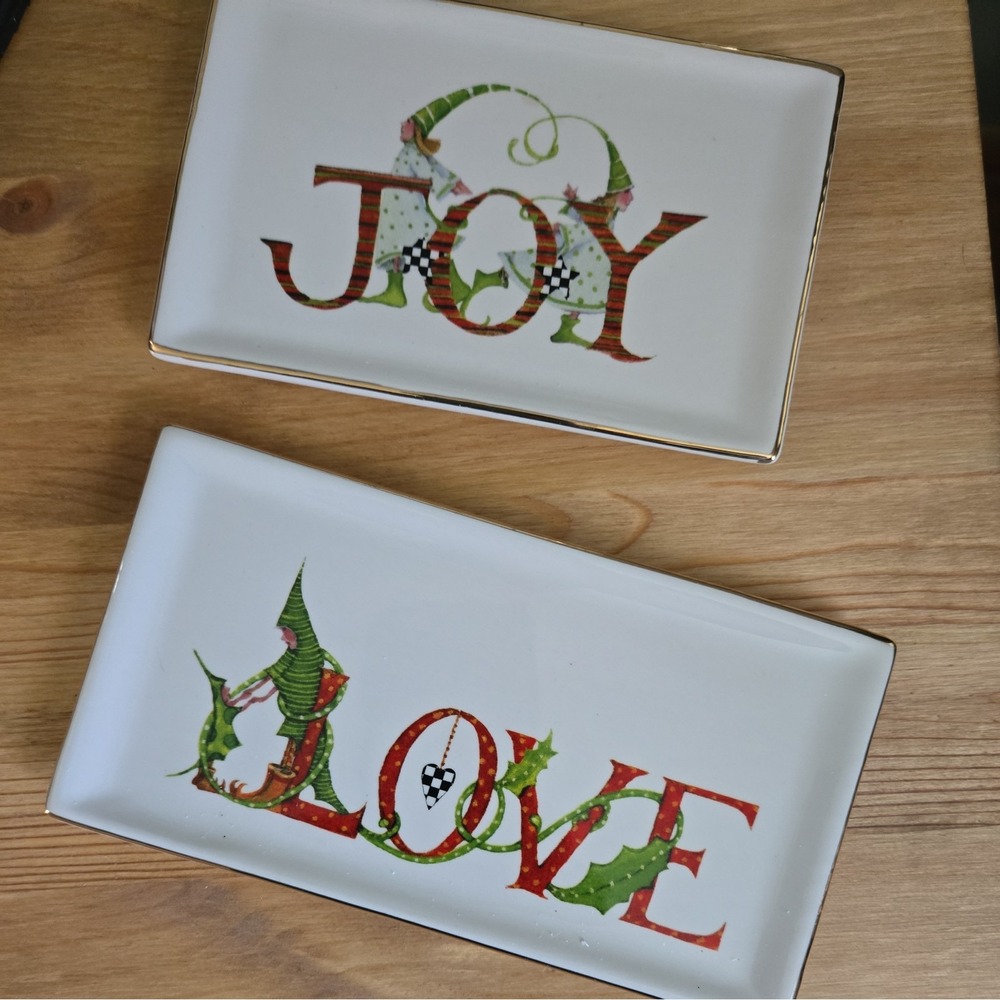 MacKenzie-Childs Patience Brewster Joy Love Trinket Tray Set 2 NIB